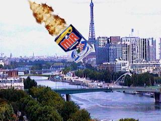 image: un baril de Mir couleur tombant en feu sur Paris